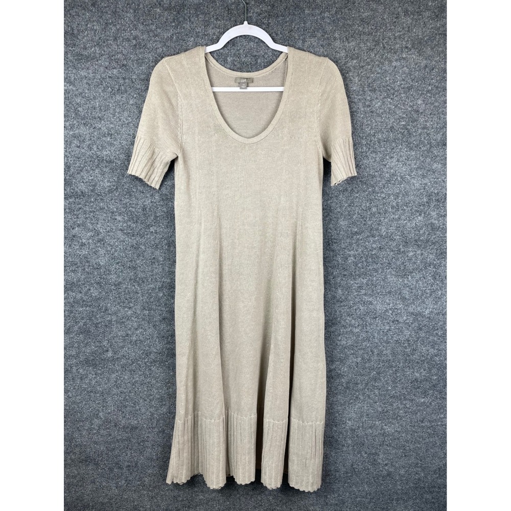 J. Jill Sweater Dress Womens XS Beige Excellent Short Sleeve Ribbed Knit A-Line